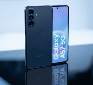 A cinematic YouTube tech review thumbnail featuring the Samsung Galaxy A57 floating in the center with glowing blue energy effects, bold futuristic text reading "Best Mid-Range Phone?", excited tech reviewer pointing at the device, premium tech studio background, dramatic lighting, vibrant Samsung-inspired blue tones, ultra-realistic, high contrast, HDR, 8K, eye-catching YouTube thumbnail style.